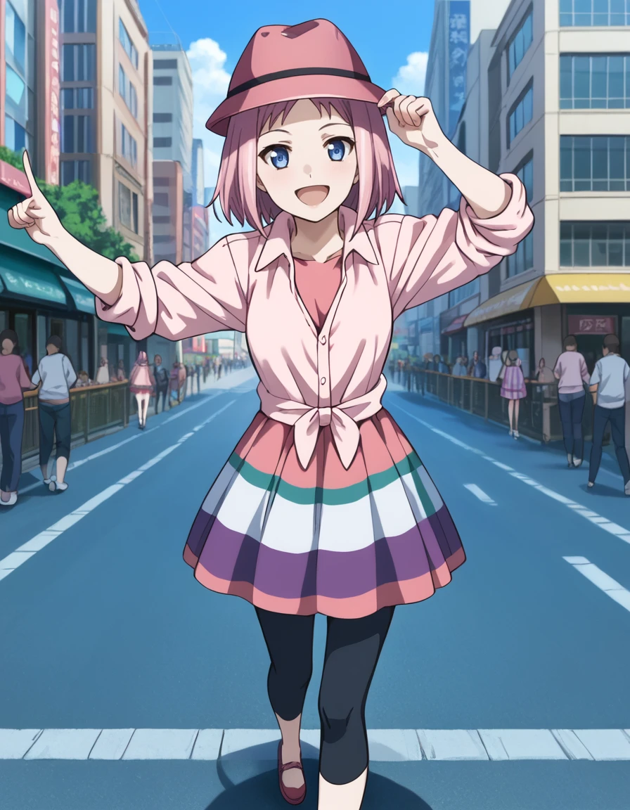 score_9, score_8_up, score_7_up, source_anime, BREAK
1girl, solo, looking at viewer, blurry background, outdoors, scenery, city, crowd, buildings, blue sky, full body,
kazumi schlierenzauer, pink hair, short hair, blue eyes,
date outfit, hat, pink collared shirt, rolled sleeves, pink dress, striped dress, wide dress, (leggings:0.8),
happy, pointing at another, running,
pov chasing, pov,
<lora:kazumi_schlierenzauer_anime-soralz:1>