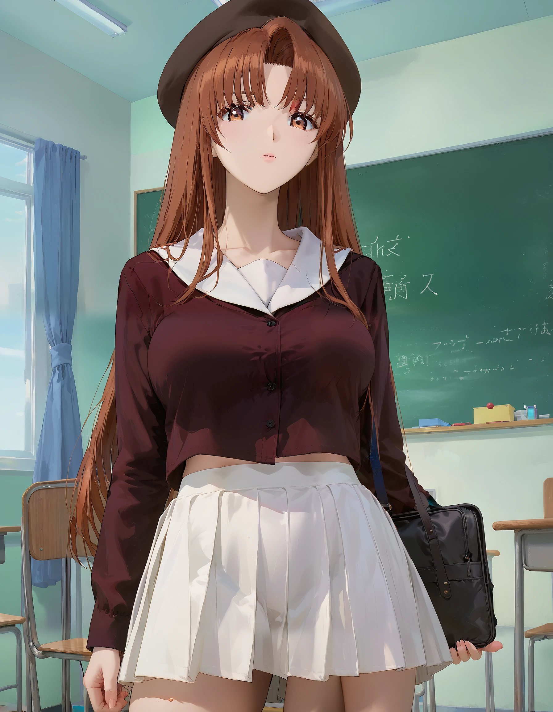 score_9, score_8_up, score_7_up, masterpiece, absurdres, source_anime, perfect anatomy,

1girl, solo, kaho_mizuki, brown hair, long hair, bangs, brown eyes, big breast,big breast,
school uniform, black blouse, white sailor collar, white skirt, short skirt, hat, white hat,

good_hands,

indoors, classroom, blackboard, looking at viewer, from below,