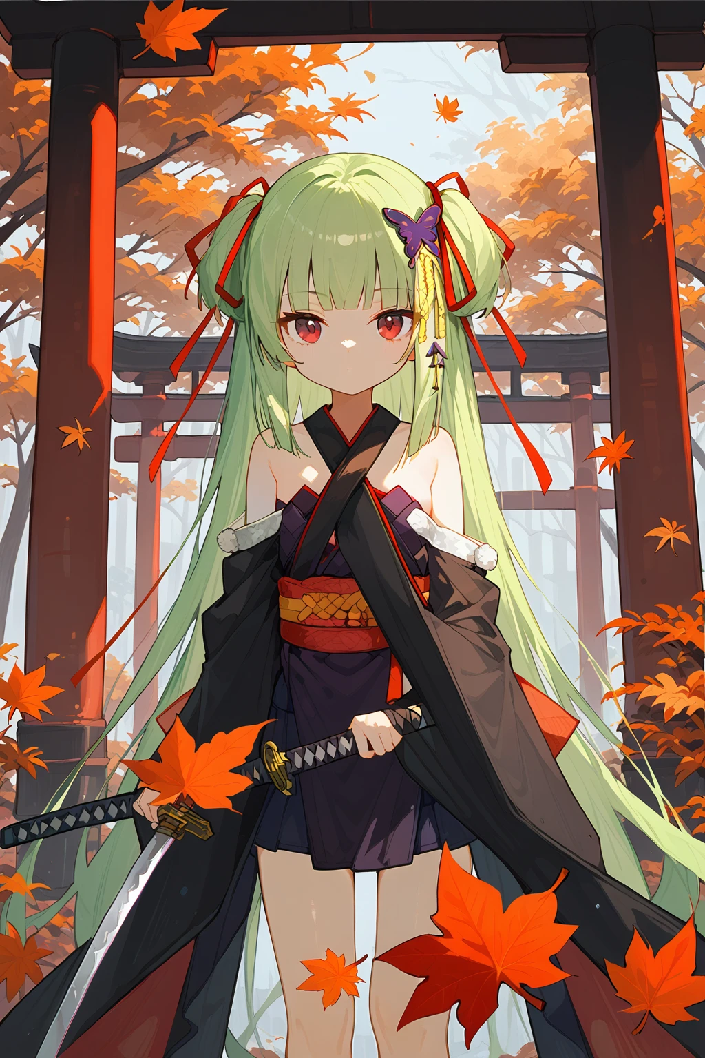 (score_9,score_8_up,score_7_up),<lora:congyu(Senren Banka)-v1:1>,congyu(Senren*Banka),1girl,weapon,sword,green hair,solo,long hair,red eyes,hair ornament,katana,japanese clothes,holding,holding weapon,bangs,holding sword,looking at viewer,kimono,blunt bangs,leaf,very long hair,ribbon,outdoors,butterfly hair ornament,bare shoulders,sash,wide sleeves,autumn leaves,closed mouth,sheath,red ribbon,torii,black kimono,tree,hair ribbon,long sleeves,shimenawa,
good feet,anime,NSFW,expressive,amazing quality,ultra hd 32k,