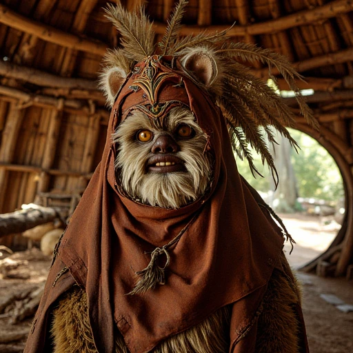 an Ewok Queen wearing an elaborate headdress in side a finely built circular wooden hut.