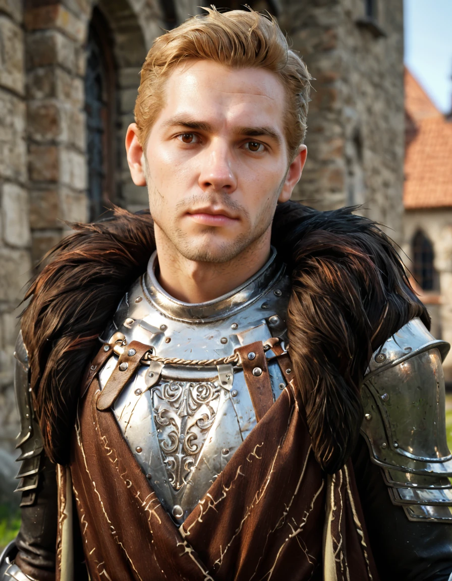 score_9, score_8_up, score_7_up, score_6_up, score_5_up, male focus, realistic, medieval background 
BREAK, <lora:DAI_-_Cullen_-_Pony_2-000010:0.8>, (cullen_rutherford, blonde hair, brown eyes, fur-trimmed cloak, pauldrons, breastplate, shirt, gauntlets, gloves, black pants, boots), standing, looking at viewer, solo, close-up, arms behind back, portrait, face