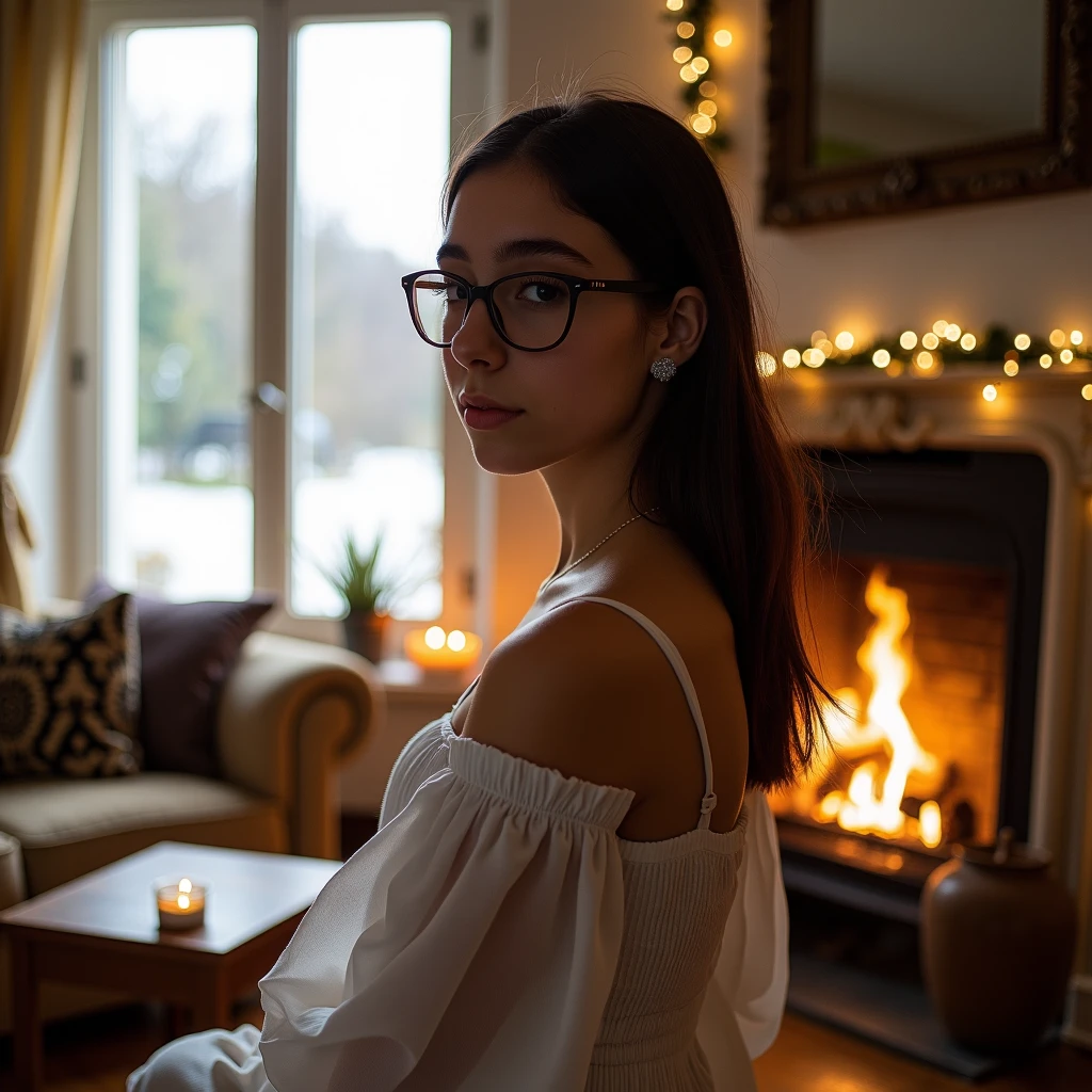 hfsuzy, glasses, Winter, living room, french window, fireplace, sofa, light, warmth, curtains, afterglow, lens halo woman, elegant, close-up white dress head shot, sad Extreme closeup
