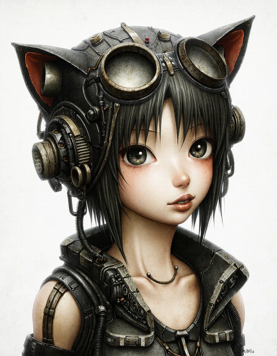 drawing of a futuristic steampunk-inspired female character. The subject is a young woman with pale skin and dark hair wearing a complex mechanical headgear that resembles a helmet with cat ears. The helmet is adorned with various mechanical parts including a large round glass-covered visor and multiple tubes and pipes.
 <lora:shichigoro:1.2>