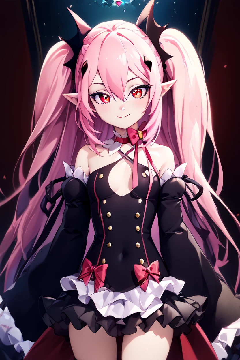 score_9, score_8_up, score_8, medium breasts, (curvy), cute, eyelashes,       BREAK, ,  ,,, <lora:Krul_Tepes_PDXL:1>, zzKrul, pink hair, long hair, pointy ears, red eyes, vampire, hair between eyes, very long hair, two side up detached sleeves, bare shoulders, dress, black dress, ribbon, bow, hair ornament, thighhighs, ,,,  , BREAK, closed mouth, alternate costume, smile, looking at viewer, blush, ,,, zzLFashion, frilled dress, frills, bow, dress, striped thighhighs, sweetL, cowboy shot, ,,, embedding:zPDXL, Expressiveh, ,,, <lora:Vivid:0.7>, <lora:LFashionPDXL:1>, <lora:Uncensored_PonyXL_cpt_v02.09:0.4>, <lora:Expressive_H-000001:0.4>,