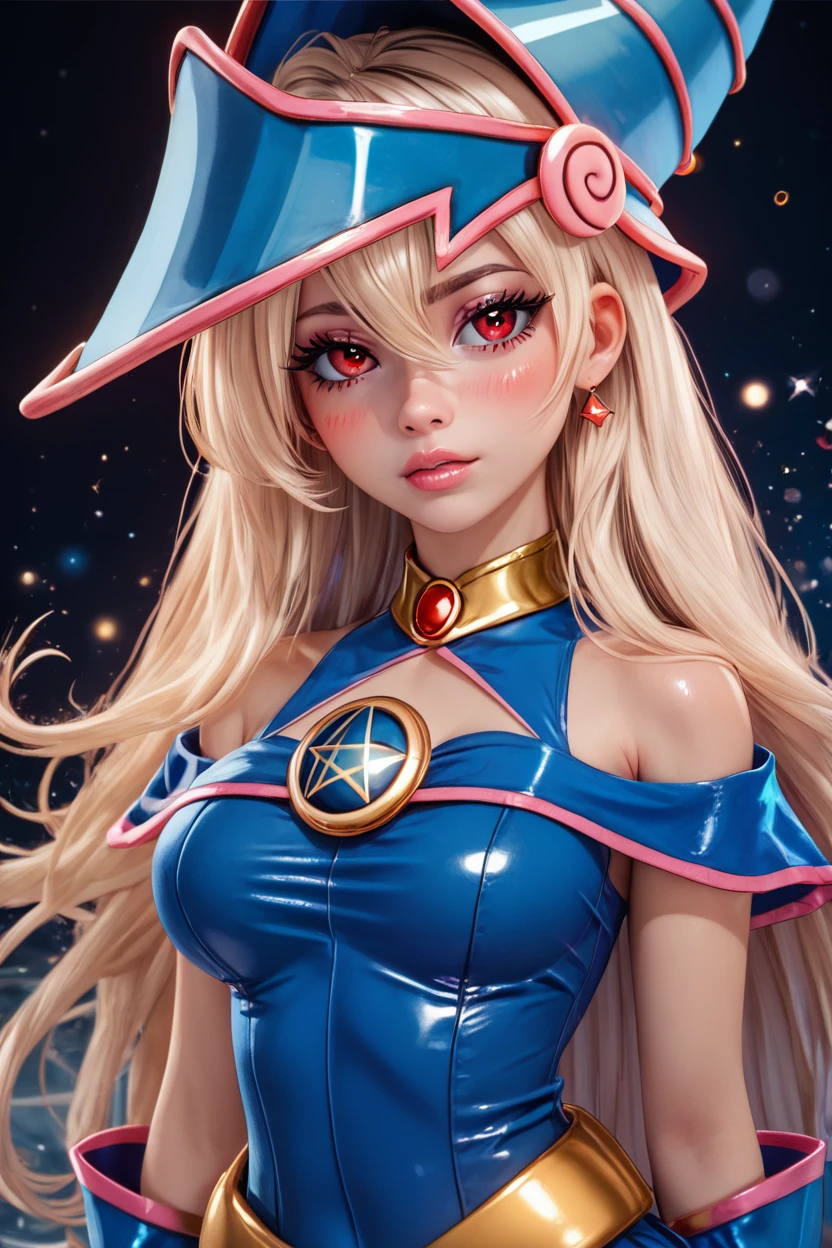 score_9, score_8_up, score_8, large breasts, (curvy), cute, eyelashes,       ,,, , ,,, zzPrismagicCitronOC, hair between eyes, red eyes, blonde hair, long hair, blue headwear, wizard hat, bare shoulders, detached sleeves, pentacle, dress, blush stickers,  <lora:Prismagic_CitronOC_PDXL:0.8>,     ,,,, BREAK,  (ultra realistic,32k, masterpiece:1.2),(high detailed skin:1.1),( high quality:1.1), head tilt, lips, closed mouth, shiny clothes, (upper body), looking at viewer, bokeh, luminescent background, ,,, embedding:zPDXL, Expressiveh, ,,, <lora:RlAnmPDXL:1.0>,