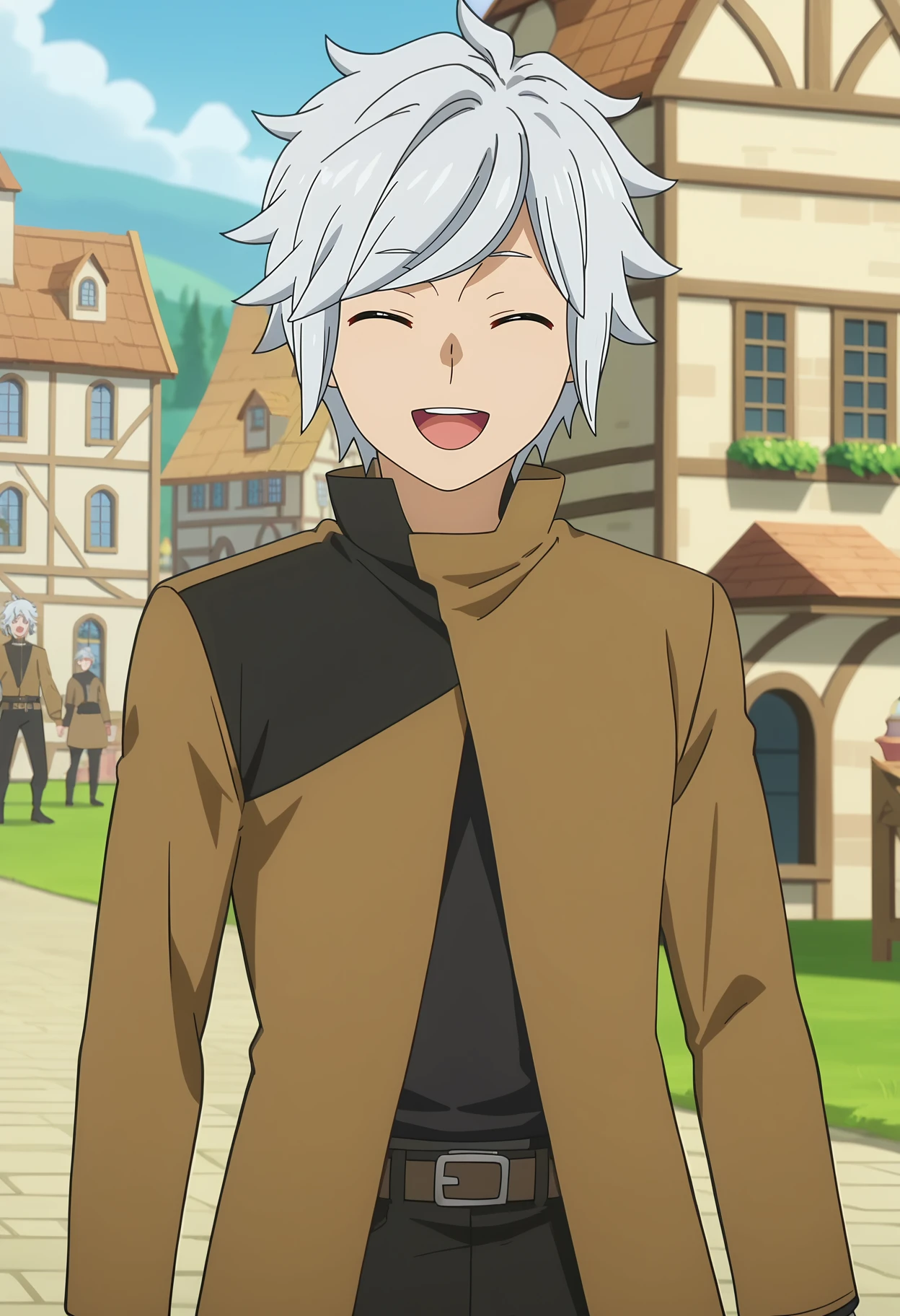 score_7_up, anime screencap,
<lora:DanMachi_BellCranelXL:0.9>,
1boy, solo, open mouth, smile, happy,
short hair, grey hair, closed eyes,
BellCranel, high collar, brown jacket, black shirt, long sleeves, black pants, brown belt, belt buckle,
upper body, standing, looking at viewer,
town, medieval, blurry background