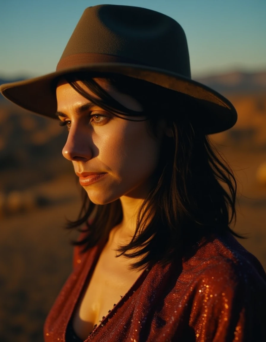 cinematic, cinematic lighting,.ultra realistic, ultra defined textures and colors, shot in the style of Sony Alpha A7 III, a candid of a woman,  looking at viewer <lora:pjharvey:1> pharvey, pjhy, pjharv,  looking at the viewer,  a beautiful woman, a desert wanderer  under harsh sunlight with strong shadows, showcases a boho maxi dress and wide-brimmed hat against an expansive desert landscape. Windswept and tousled hair and sun-kissed bronzer add to the adventurous, solitary vibe as she walks along a sand dune. A 24mm wide-angle lens captures the warm desert hues like sandy yellows, browns, and deep blues, with distinctive features such as sand dunes and distant mountains. For a serene and romantic setting, the Moonlit Garden idea places her in an elegant evening gown within a lush garden illuminated by lanterns and soft moonlight. Her elegant updo and glowing makeup accentuate her presence as she sits on a garden bench, gazing at the moon. An 85mm lens captures the cool tones like silvers, whites, and midnight blues, with distinctive features such as lanterns and blooming flowers., detailed skin texture, (blush:0.5), (goosebumps:0.5), subsurface scattering, Photorealistic, Hyperrealistic, Hyperdetailed, analog style, soft lighting, subsurface scattering, realistic, heavy shadow, masterpiece, best quality, ultra realistic, 8k, golden ratio, Intricate, High Detail, film photography, soft focus