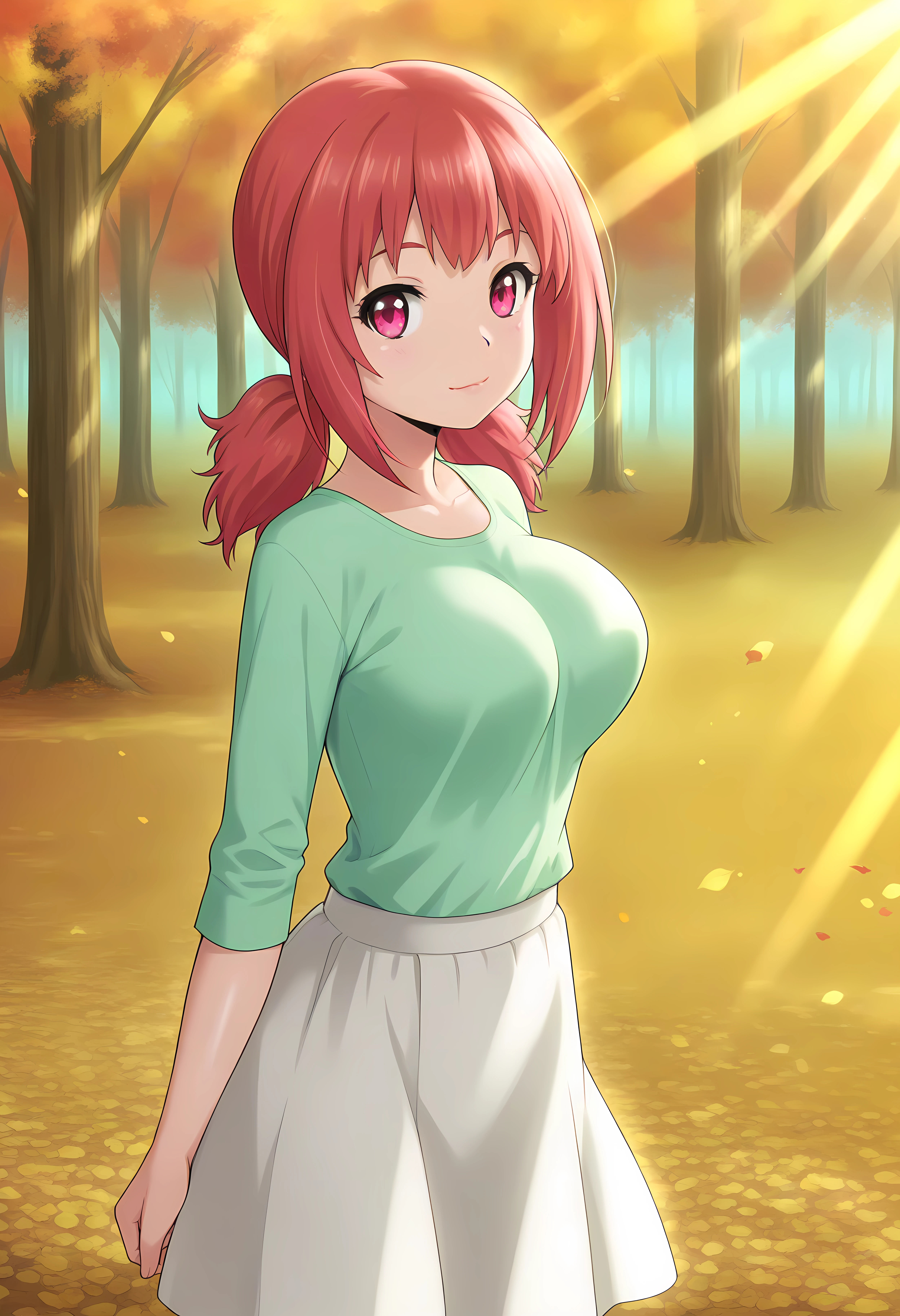 looking at viewer, closed mouth, shiny skin, light smile, petite,ohwx, red_hair, 1girl, twintails, breasts, red_eyes, long_hair, pink_eyes, pink_hair, large_breasts, short_hair, ponytail, short_twintails, medium_breasts,skirt, green_shirt, Pathway through a forest of red maple trees, soft sunlight, peaceful and vibrant autumn scenery,<lora:non_toyoguchi_illustrious_sobsynapse-000003:1>