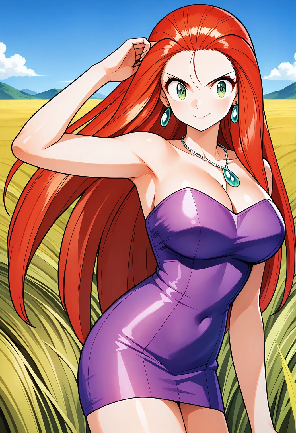 smile, hand up, 
mikami_reiko, green eyes, red hair, long hair, forehead, earrings, necklace, cleavage, bare arms, purple dress, short dress, strapless dress, tube dress, <lora:gs_mikami_reiko_illustrious_ver1:0.8>, masterpiece, best quality, general,, 1girl, solo, (field:1.2), (blue sky:1.2), looking at viewer,, (cowboy shot, dynamic pose:1.2),