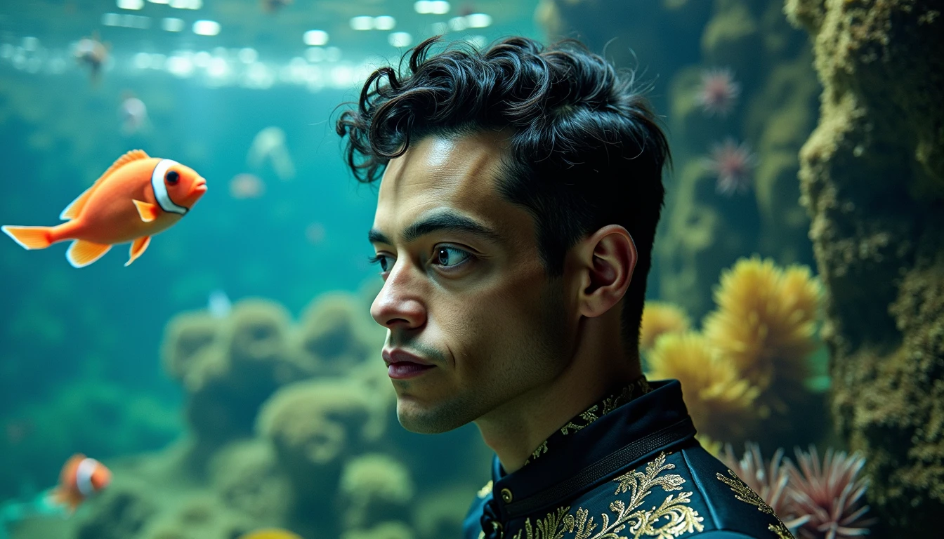 Rami Malek dressed up near his Piranja aquarium