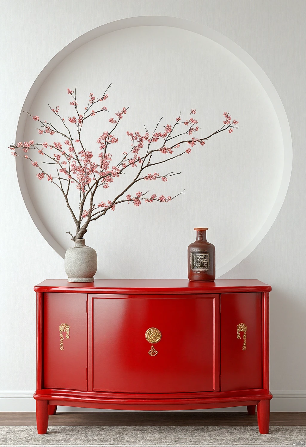 Chinese Booth,a vibrant red cabinet stands against a stark white wall. The cabinet is adorned with a cherry blossom tree branch,adding a pop of color to the otherwise monochromatic scene. The vase,adorned with delicate flowers