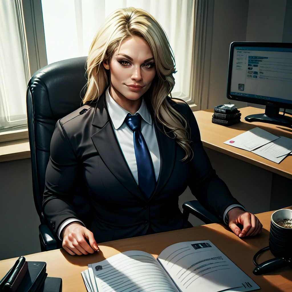 rating_safe, zPDXL3, score_9, score_8_up, score_7_up, score_6_up, score_5_up, score_4_up, highres, incredibly absurdres, highly detailed, dim lighting, office, indoors, sitting on office chair, pov across table, closed mouth, 1girl, solo, <lora:Kaitlyn:0.7> kaitlyn, long hair, blonde hair, brown eyes, looking at viewer, muscular female, black business suit, necktie, white collared shirt