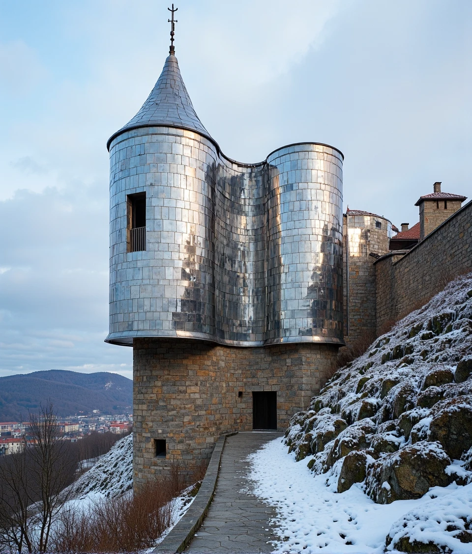 buildingbylaushine,FrankGehry-in-cuprum,an ancient castle on mountain,part of the building covered in chrome