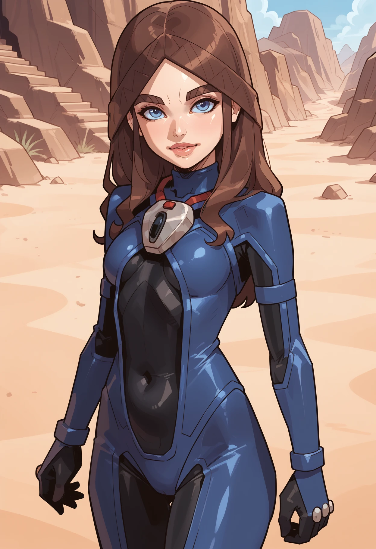 score_9, score_8_up, score_7_up, score_6_up, <lora:AA_bhd:1>, BREAK Alia Atreides,1girl, adult woman, solo, brown hair, long hair, blue eyes, lips, ass, bodysuit, sand background, dunes, front view,