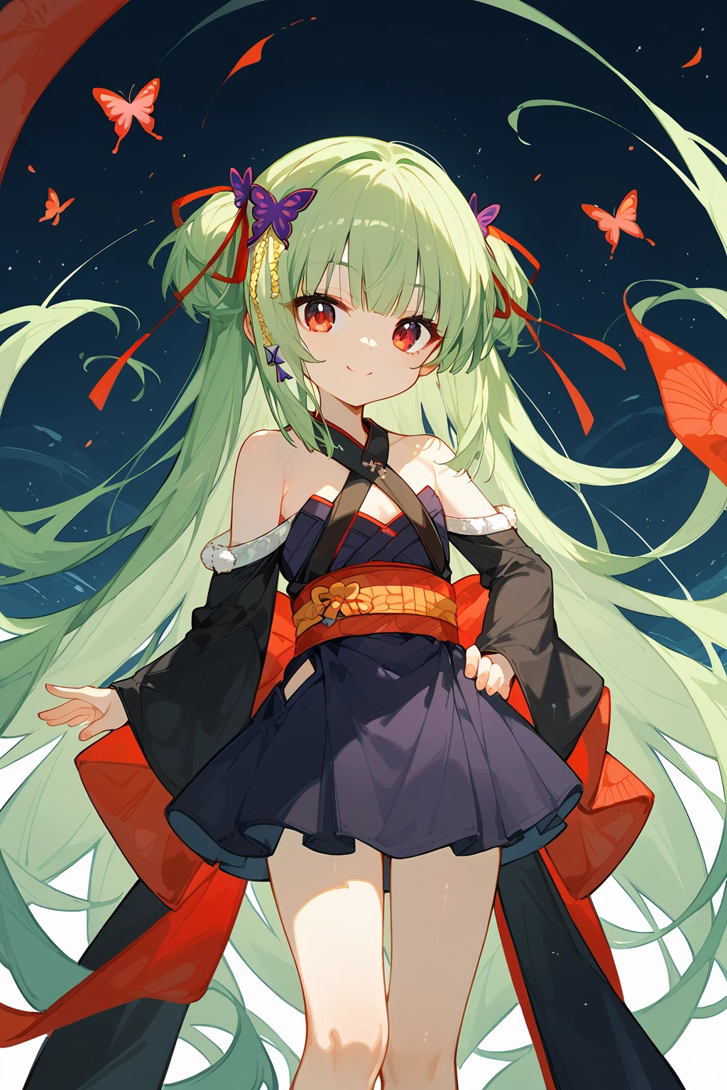 (score_9,score_8_up,score_7_up),bare shoulders,<lora:congyu(Senren Banka)-v1-000008:1>,congyu(Senren*Banka),1girl,solo,long hair,green hair,hair ornament,butterfly hair ornament,japanese clothes,hair ribbon,ribbon,very long hair,hand on hip,detached sleeves,skirt,red eyes,looking at viewer,smile,sash,
good feet,anime,NSFW,expressive,amazing quality,ultra hd 32k,