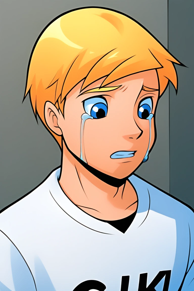 powerpack_alex,1boy,solo,blonde hair,short hair, hair,blue eyes,white shirt,upper body,crying