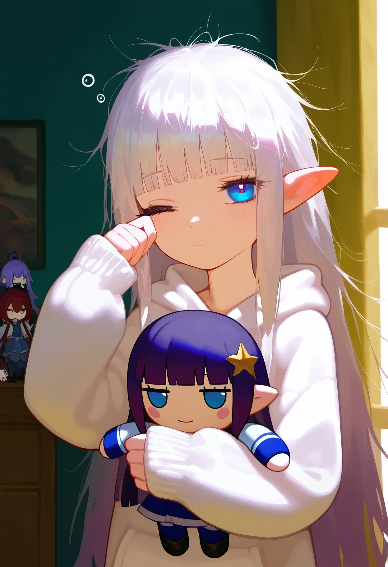 masterpiece, best quality, good quality,
1girl, solo, long hair, looking at viewer, blue eyes, long sleeves, holding, closed mouth, very long hair, upper body, white hair, purple hair, one eye closed, pointy ears, indoors, hood, blunt bangs, sleeves past wrists, hoodie, hood down, messy hair, doll, character doll, white hoodie, sleepy, rubbing eyes
<lora:flutecocktail_noob_vpred_v1:1>