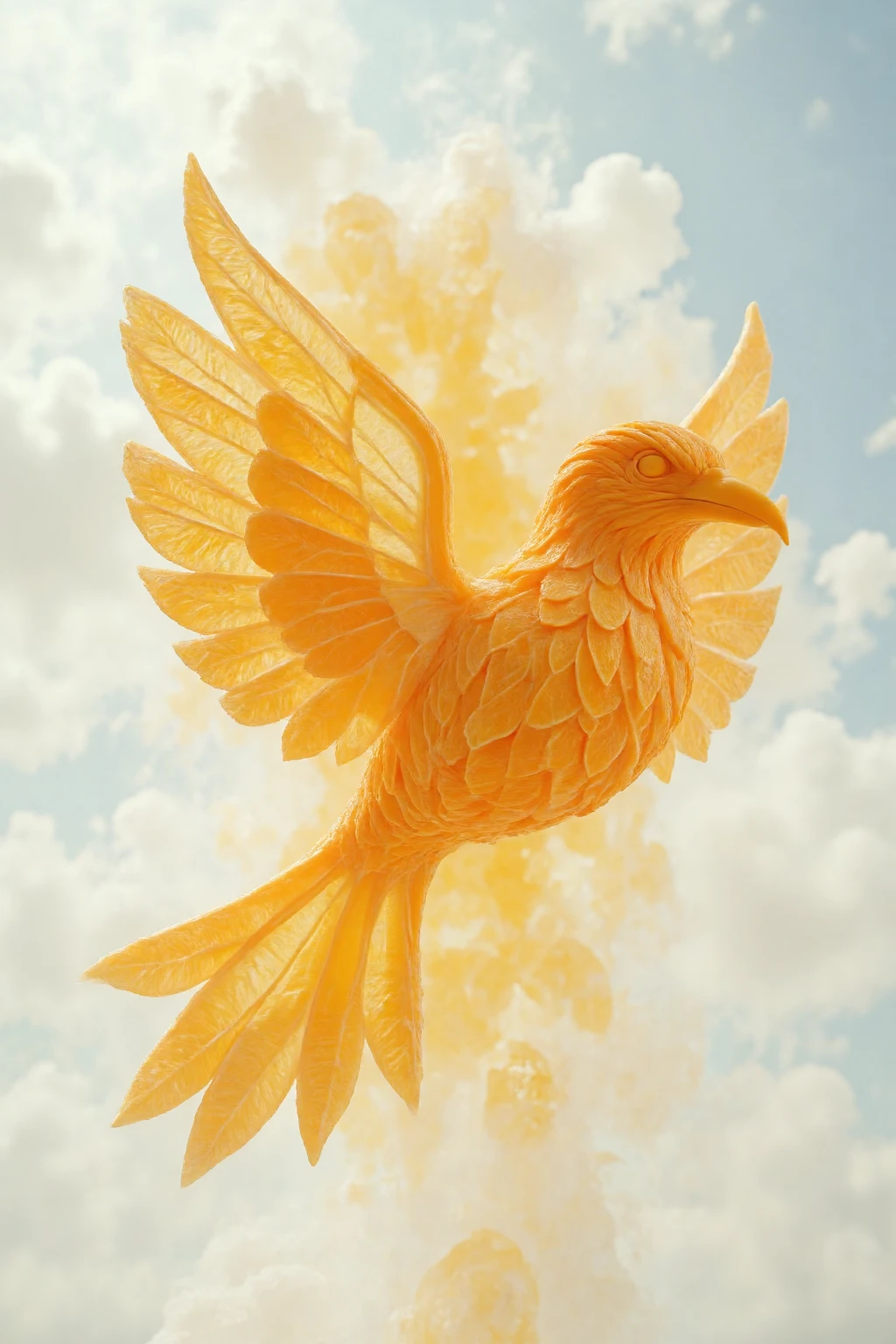 Fruitmix_flx, Photorealistic bird sculpture crafted from vibrant orange slices, with the wings, tail, and body formed from thin, curved orange segments. The bird appears mid-flight, with detailed orange pulp and peel adding a natural, juicy texture. The wings are spread wide, displaying layers of translucent orange flesh that catch the light, while the body and head are carefully shaped from smaller orange pieces. Some segments show tiny droplets of juice for added realism. Set against a soft, diffused sky background to highlight the surreal contrast between the orange's vivid color and the lifelike form of the bird in flight.