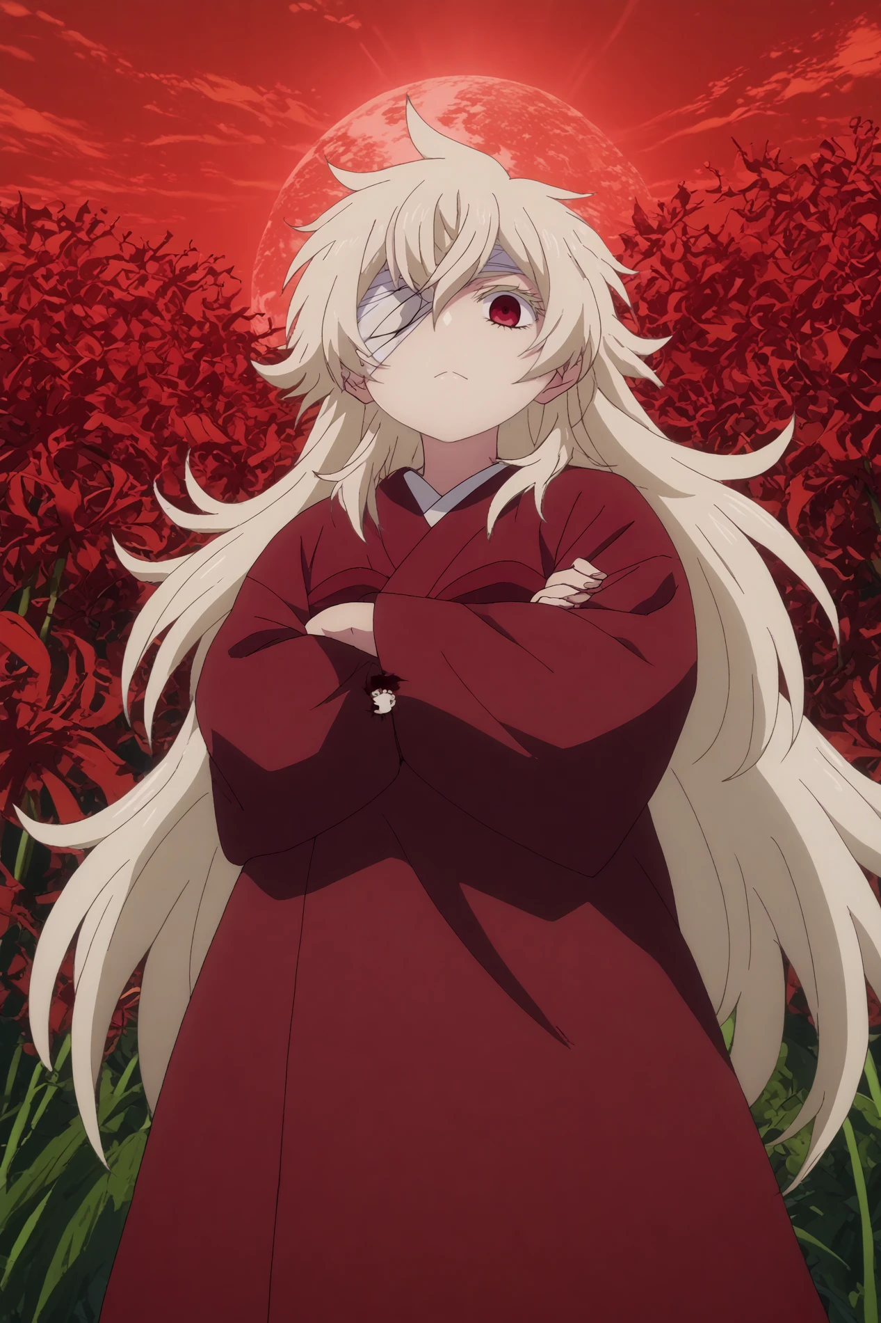  haine,1girl,solo,japanese clothes,kimono,sash,long hair,very long hair,looking at viewer,hair between eyes,red kimono,emotionless,bandages,eyepatch,crossed arms,from below,cowboy shot  BREAK outdoors,red sky,crescent_moon,spider lily flower field, red flower wreath,moon    <lora:Haine_-_Summer_Time_Rendering.safetensors:0.8> <lora:detailed_backgrounds_v2.safetensors:0.5> <lora:Spiderlily.safetensors:0.8>