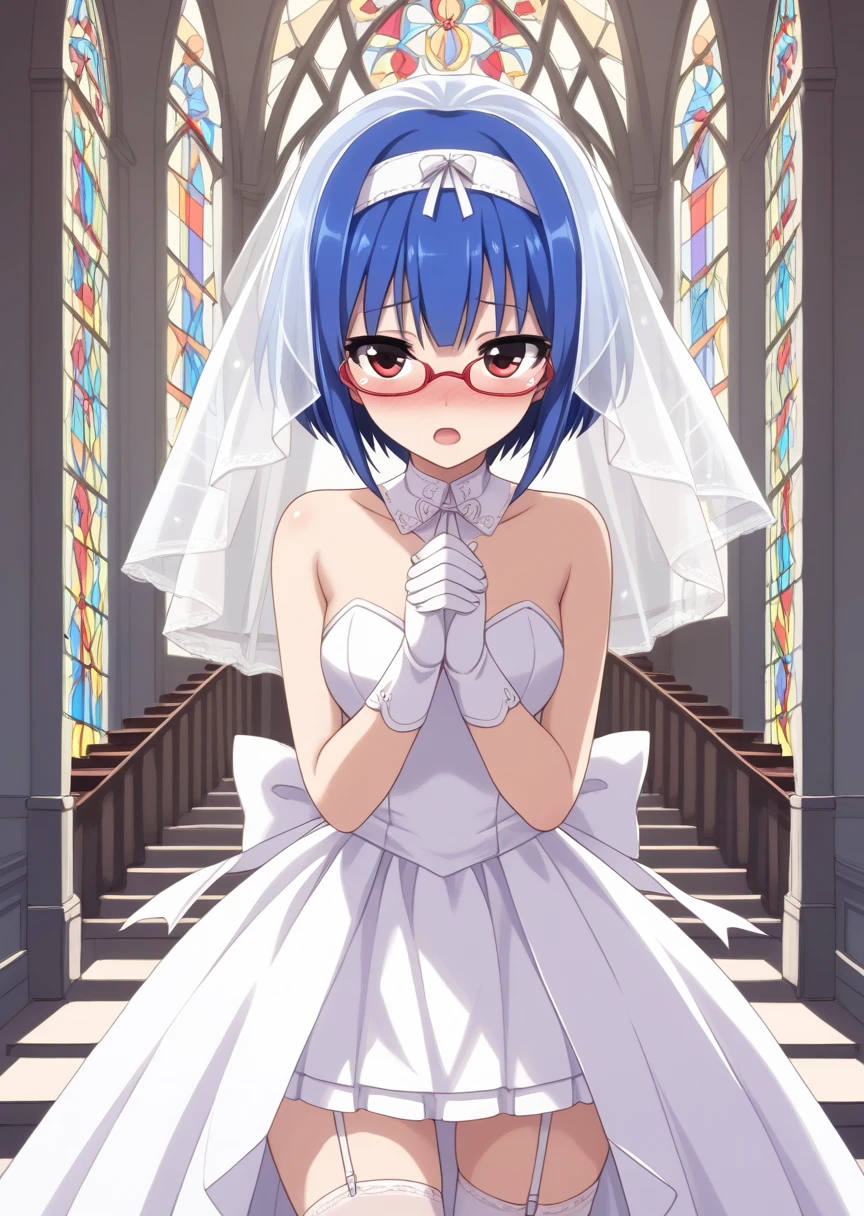 score_9, score_8_up, score_7_up, score_6_up, score_5_up, BREAK
s4ra, human, female, 1girl, solo, short hair, open mouth, red eyes, blue hair, hairband, glasses, , church, wedding dress, wedding veil, thighhighs, standing, upper body, blush, deep blush, nose blush