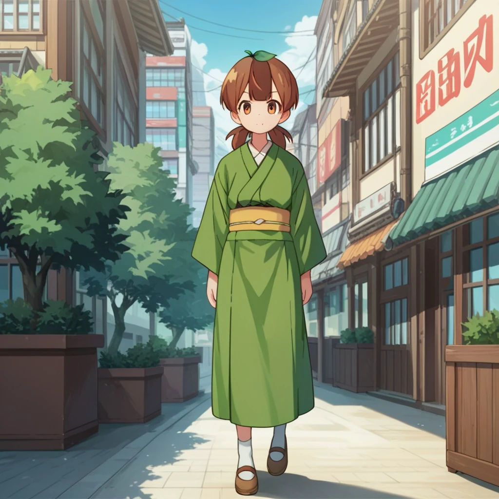 score_9, score_8_up, score_7_up, score_6_up, score_5_up, score_4_up, source_anime ,mamedatan, human, female, brown hair, brown eyes, leaf on head, green kimono, standing, city, <lora:22dad5bf-46de-4cf4-9044-4800f87d16c9:0.7>