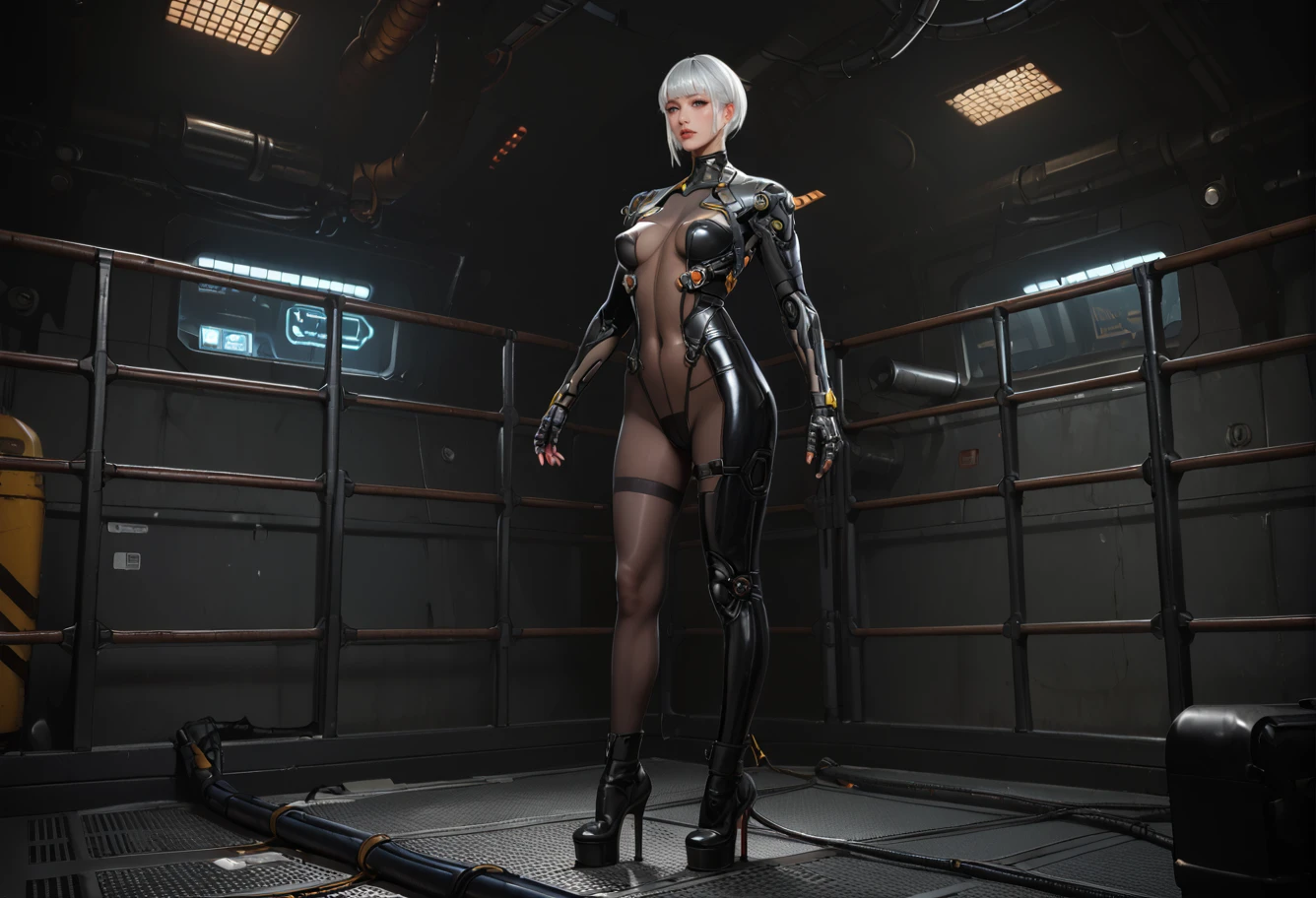 ,ruanyi1157,cable,science fiction,,ruanyi1907,asymmetrical legwear,covered navel,skin tight,see-through,cyberpunk,mechanical arms,bodystocking,bodysuit,single boots,platform heels,<lora:1157 science fiction background_v1_pony:1>,<lora:1907 Sponsor bodysuit 6_v1_pony:0.7>, score_9,score_8_up,score_7_up,,8k,1girl,solo,,