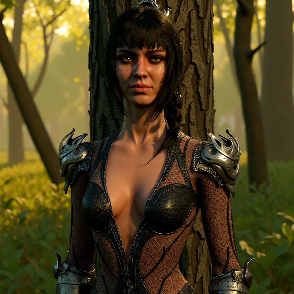 Full body shot of a female character with choppy dark hair and intense green eyes, wearing a lace transparent dress with a deep V-neckline that reveals her skin beneath, the vine-like patterns tracing down seductively. She stands in a secluded forest grove, leaning against a tree with a faint smile, her gaze inviting yet mysterious. Her armor glints in the dappled sunlight, accentuating the curves of her body. Her pose is relaxed, with one arm draped over her hip, hinting at a dangerous allure. The background is a lush forest with golden light filtering through, casting a warm, intimate glow over the scene.