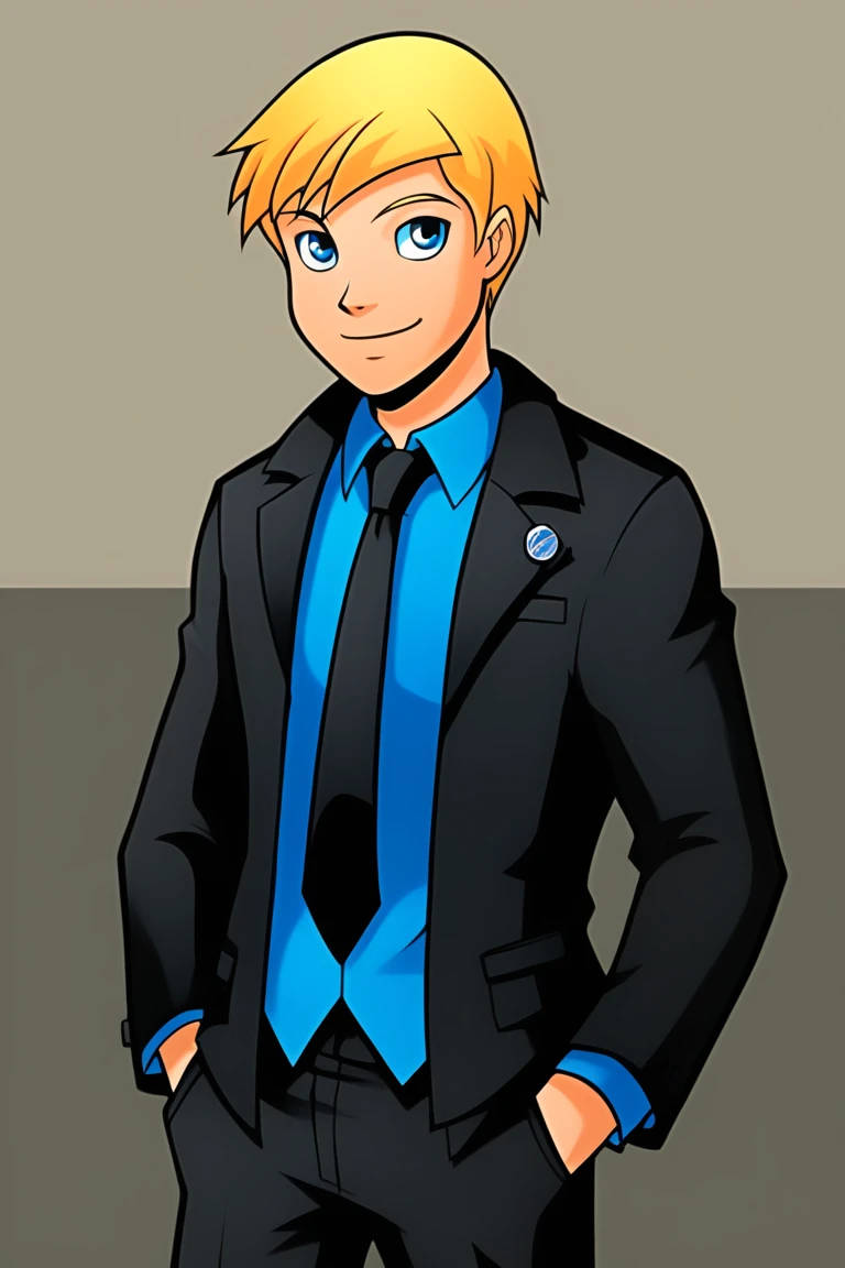 powerpack_alex,1boy,solo,blonde hair,short hair, hair,blue eyes,black jacked,necktie,smile hands in pockets