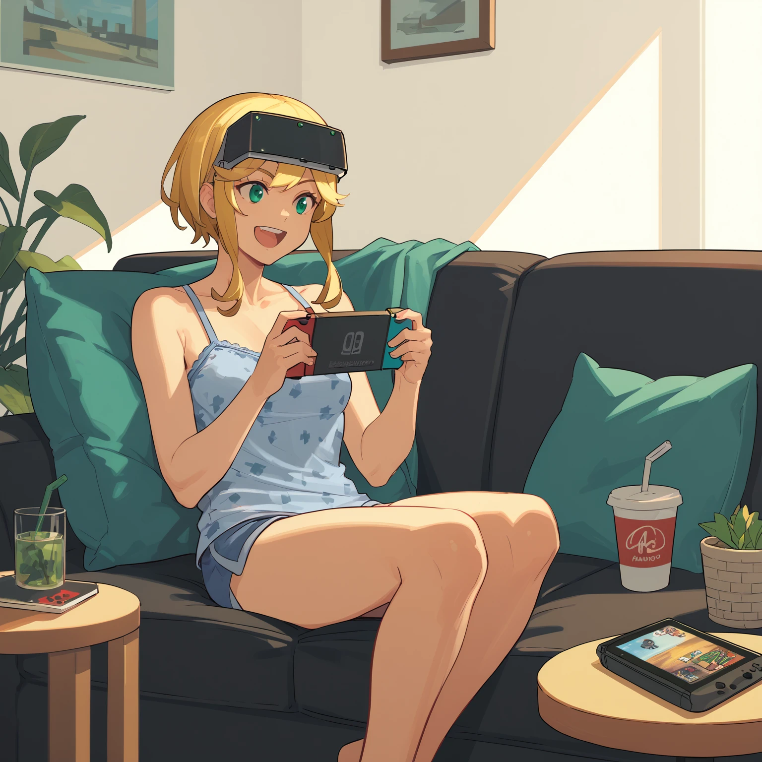 score_9, score_8_up, score_7_up, <lora:lyudmila-v5-ponyxl-000055:1> lyudmila, head-mounted display, casual, camisole, sitting, couch, nintendo switch, playing games, open mouth, smile, living room