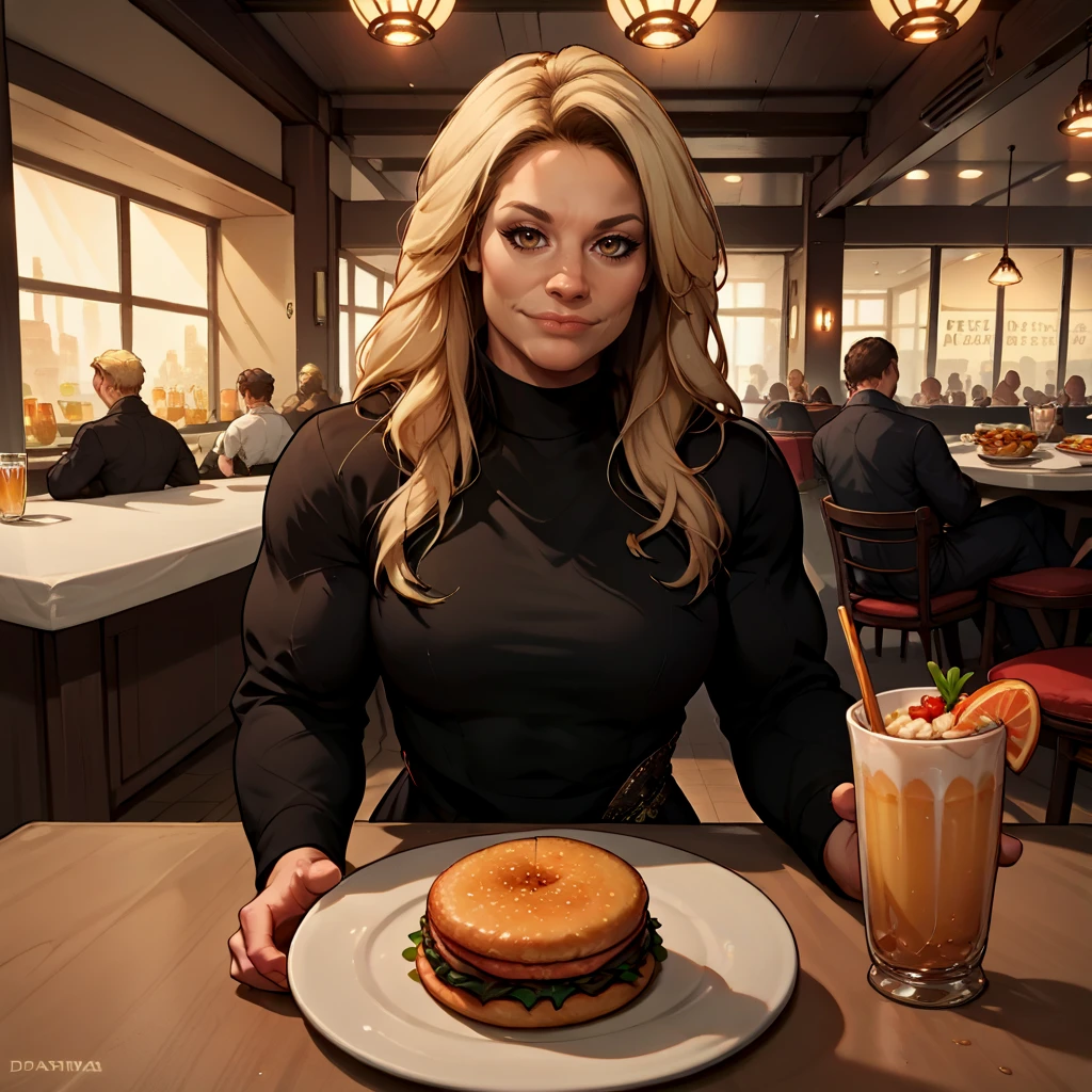 rating_safe, zPDXL3, score_9, score_8_up, score_7_up, score_6_up, score_5_up, score_4_up, highres, incredibly absurdres, highly detailed, dim lighting, sitting, pov across table, restaurant, crowd, food, indoors, closed mouth, 1girl, solo, <lora:Kaitlyn:0.7> kaitlyn, long hair, blonde hair, brown eyes, looking at viewer, muscular female, black dress, long sleeves