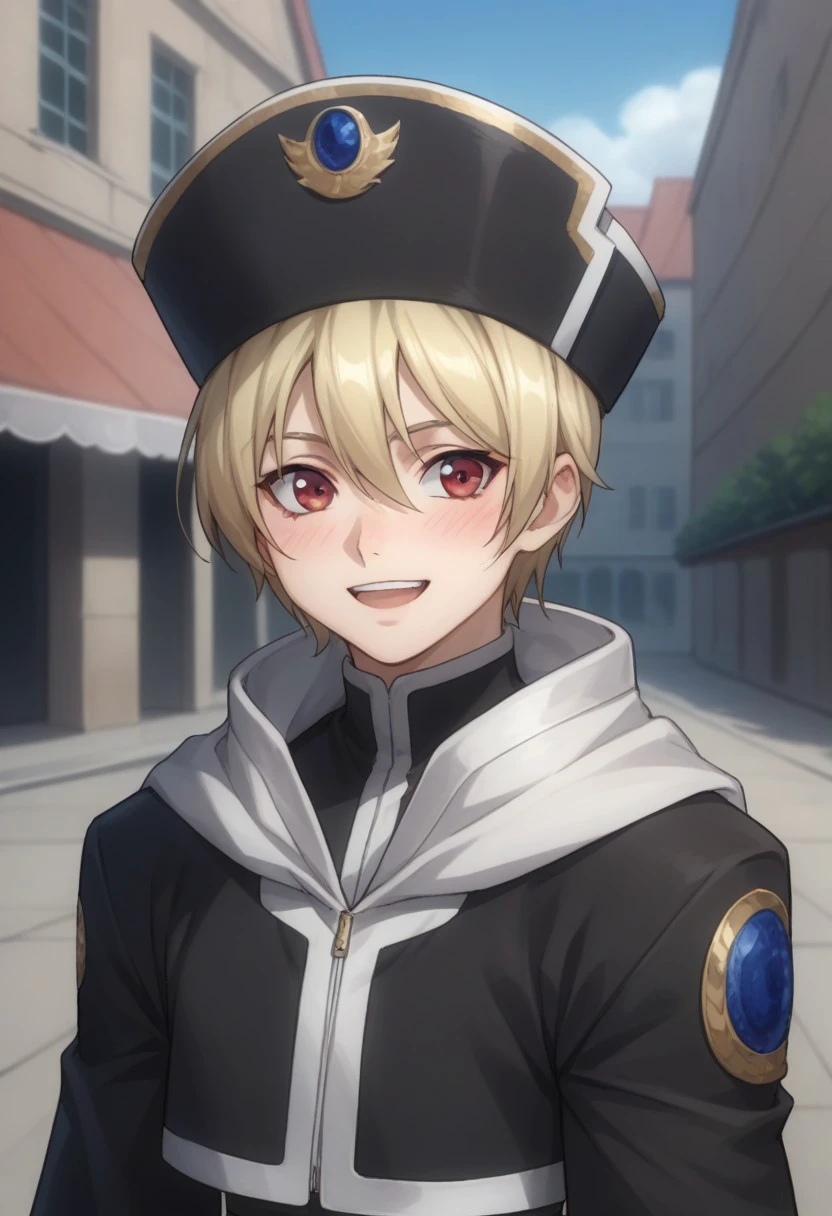 score_9, score_8_up, score_7_up, source_anime, highly detailed, 
ionfortuna, 1boy, male focus, solo, blonde hair, hair between eyes, red eyes, hat, black headwear, jacket, black jacket, cropped jacket, long sleeves, hood, shirt, black shirt, upper body, smile, open mouth, blush,
outdoor,