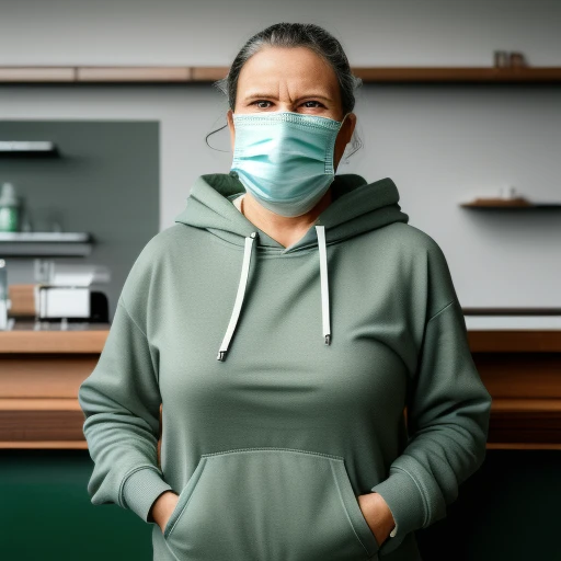 sugm45k1, a woman wearing a surgical mask, standing inside a cafe, wearing a grey and green hoodie, raw photo, realistic, 4k