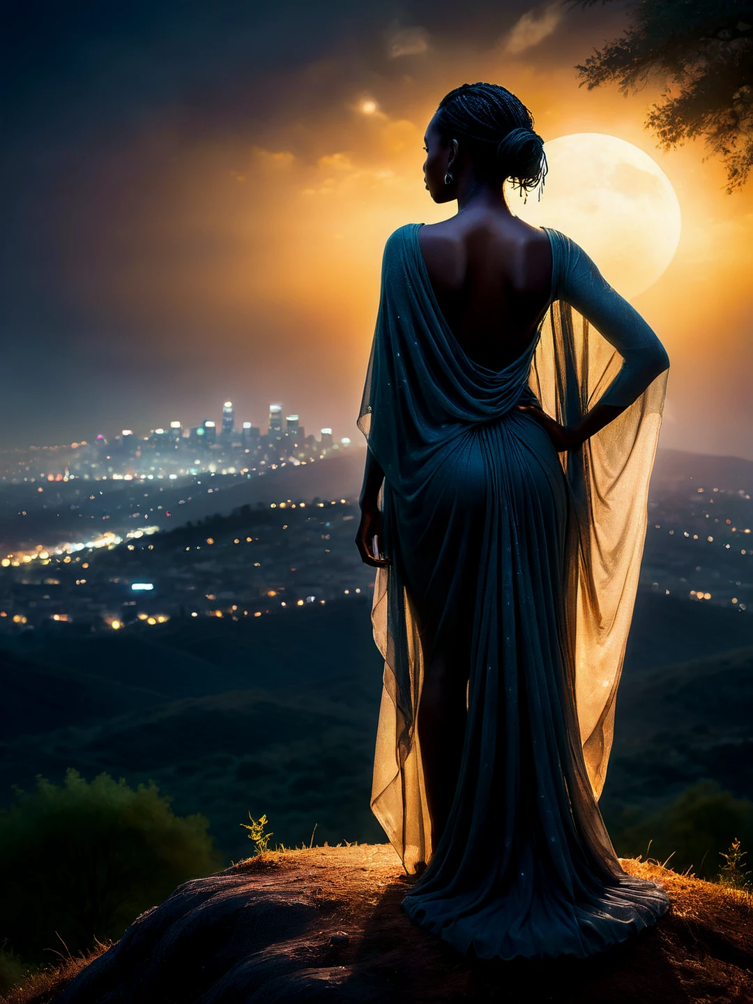 A beautiful, seductive African woman, shrouded in barely glowing darkness. Viewed from behind, she stands on a tree-covered hilltop, overlooking a distant city. Subsurface scattering. Obscured by darkness.
<lora:FntsyLightShow01_CE_SDXL_64x32x220x2bOT:0.6> fntsylghtshwCE_style