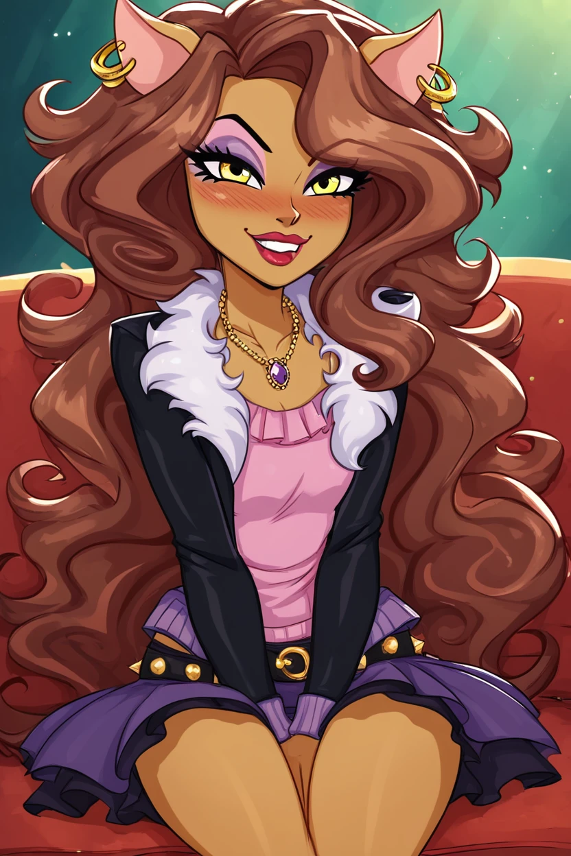 score_9, score_8_up, score_8, medium breasts, (curvy), cute, eyelashes,      ,,,  zzClawdeen, long hair, brown hair, dark skin, animal ears, yellow eyes,  jewelry, earrings, makeup, lipstick, eyeshadow, jacket, skirt, belt, necklace, <lora:Clawdeen_MH_PDXL:0.8> ,,, hand between legs, blush, smug,  ,,,  smile, looking at viewer, blush, blurry, couch, sitting,   ,,, <lora:Afrobull_PDXL_v5:0.8>, ,  ,,, BREAK,   smile, looking at viewer, cowboy shot,   embedding:zPDXL, Expressiveh, <lora:SDXLFaeTastic2400:0.5>,  <lora:Expressive_H-000001:0.4>,