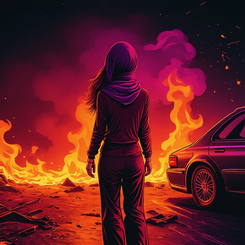 synthwave illustration, A woman with long hair and a headscarf is standing amidst chaos, her body partially obscured by smoke or fire. She appears to be facing away from the viewer, gazing at something off-frame. The scene seems tumultuous, possibly during dusk given the dark tones in the background, but it's not explicitly clear if it's night due to the intensity of the flames and sparks around them. There is no visible vehicle; however, a parked car can be seen on her right side, suggesting that she might have been near one before this momentous event unfolded.