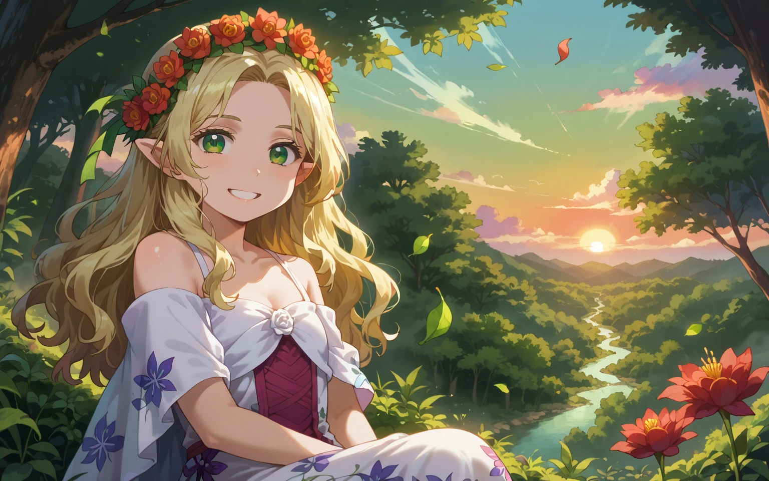 score_9, score_8_up, score_7_up,source_anime,BREAK, (masterpiece, best quality), beautiful,  anime visual,  2d,  hyperdetailed, hakum1ko, 1girl, beautiful,  long hair, bangs, blonde hair, nature, scenery, light smile, sitting, sunset, sky,  floral print, floral crown, flower, (bloom, shiny), flower girl, looking at viewer, smile, laughing, floating hair, falling leaves, fantasy, elf, wavy hair, green eyes, 1girl,  game character concept,  jrpg,  800mm lens,  off shoulder, cloak, half updo, sharp focus, dress, depth of field,  volumetric lighting,  (stylish),  purple eyes,  (pinup:0.5),  multicolored theme,  forest, upper body, portrait,  volumetric lighting,  , (extremely detailed background:1.4),more detail XL