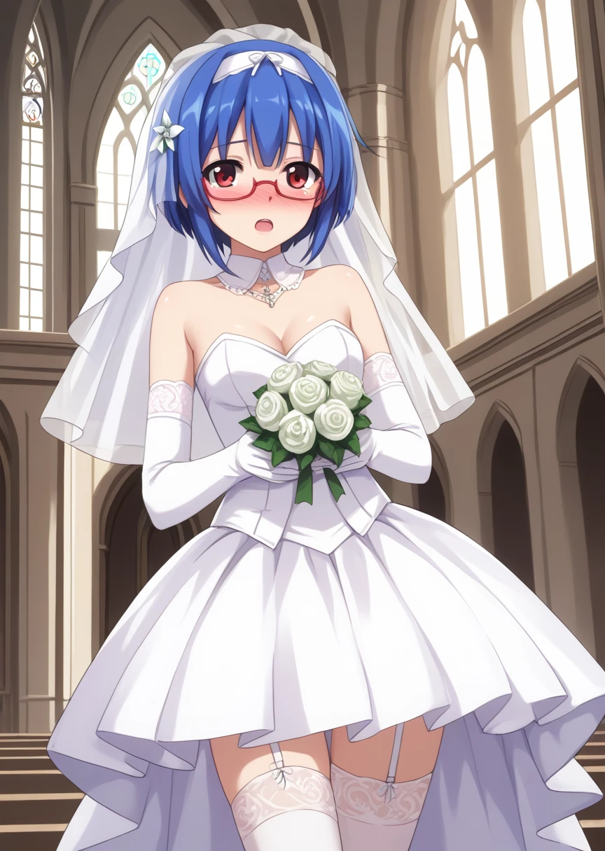 score_9, score_8_up, score_7_up, score_6_up, score_5_up, BREAK
s4ra, human, female, 1girl, solo, short hair, open mouth, red eyes, blue hair, hairband, glasses, , church, wedding dress, wedding veil, thighhighs, standing, upper body, blush, deep blush, nose blush