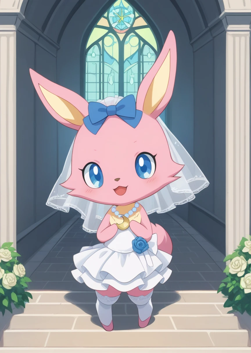 score_9, score_8_up, score_7_up, score_6_up, score_5_up, BREAK
Lun4, anthro, female, Jewelpet, solo, blue eyes, bow, jewelry, standing, full body, hair bow, necklace, gradient, no humans, church, crescent, smile, happy, pink fur, wedding dress, wedding veil, looking at viewer, open mouth, thighhighs