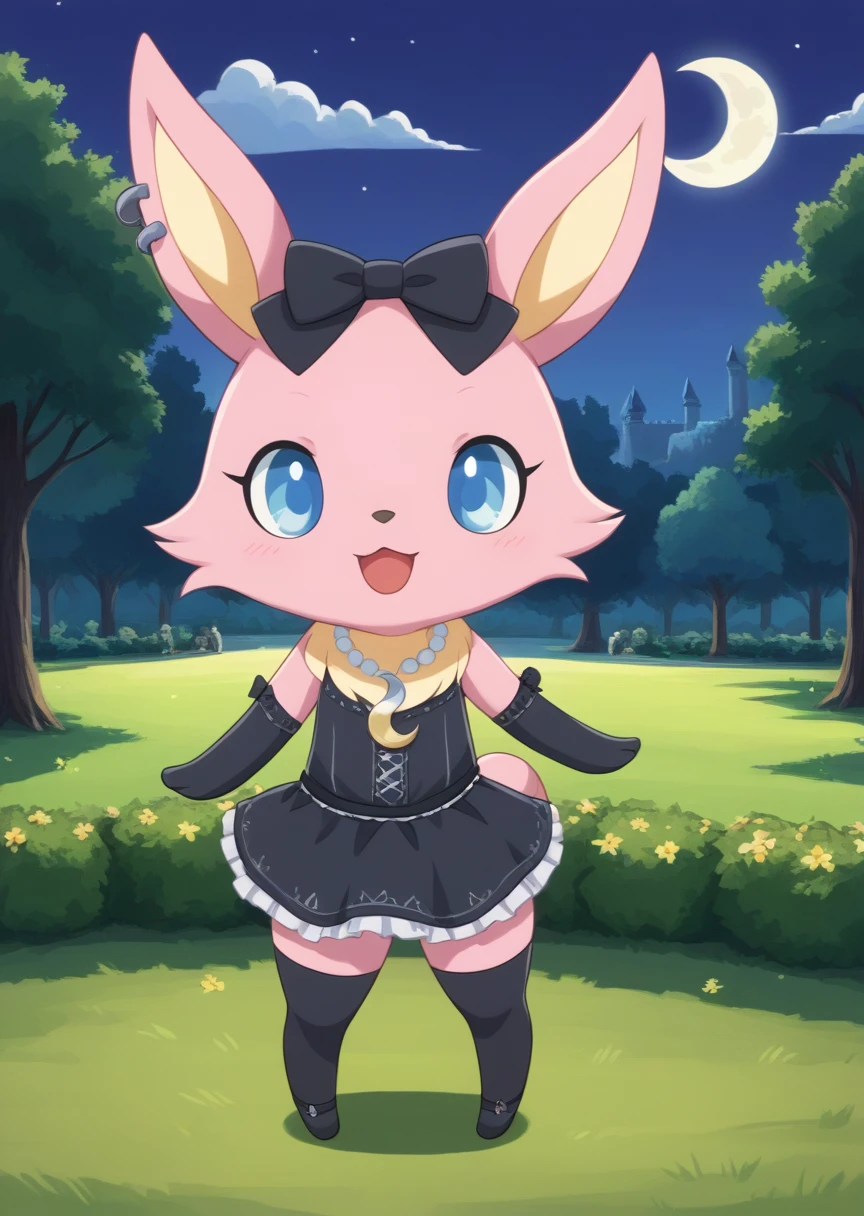 score_9, score_8_up, score_7_up, score_6_up, score_5_up, BREAK
Lun4, anthro, female, Jewelpet, solo, blue eyes, bow, jewelry, standing, full body, hair bow, necklace, gradient, no humans, castle, crescent, smile, happy, pink fur, looking at viewer, open mouth, park, moonlight, full moon, goth dress, thighhighs, goth gloves