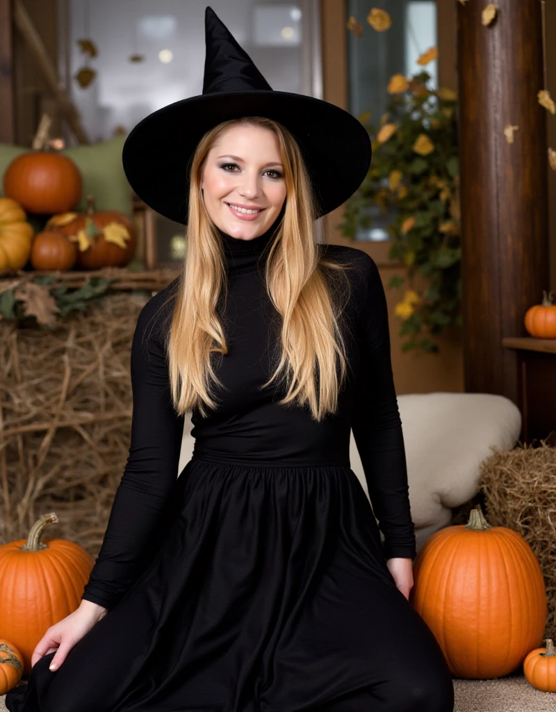 Aurora Snow wears a witch turtleneck dress and a witch hat in an halloween scenery with pumpkins and decorations<lora:Aurora_Snow:0.9>