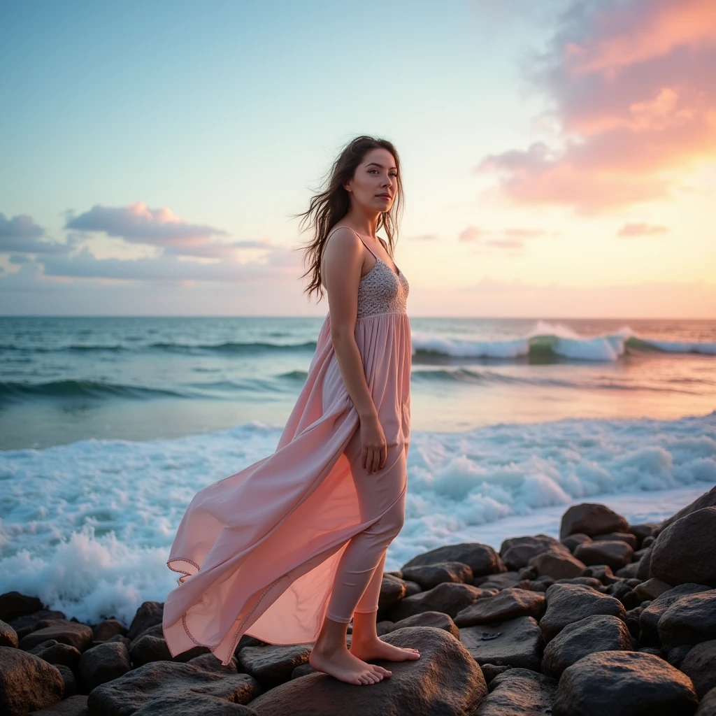 cinematic, masterpiece, ultra detailed textures and colors, 8k, a beautiful woman in a rocky beach at sunrise, where she stands barefoot in a flowy, pastel-colored sundress that dances in the breeze. Her hair is tousled and sun-bleached, with minimal, glowy makeup. Use a drone to capture an aerial shot, framing her against the crashing waves and colorful sky, highlighting the feeling of freedom and adventure, with soft blues and pinks dominating the color palette.,bshp,bbriggs,bshbrs