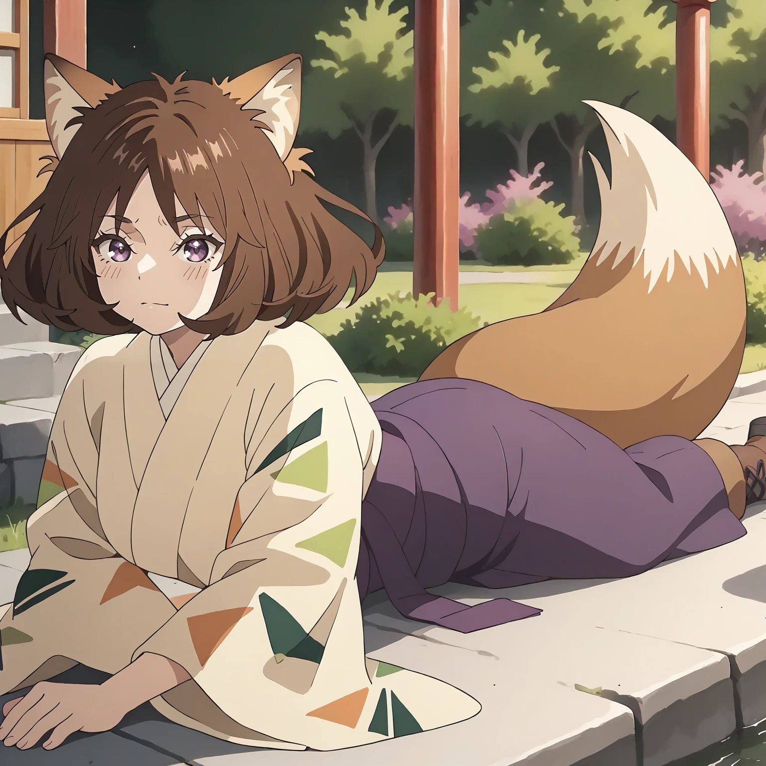 <lora:DG_Dongitsune2XLpony001>,
outdoors,
solo,
Dongitsune2,1girl,brown hair,medium hair,fox_ears,purple eyes,
japanese clothes,
purple hakama,
fox tail,
lace-up boots,
on stomach,