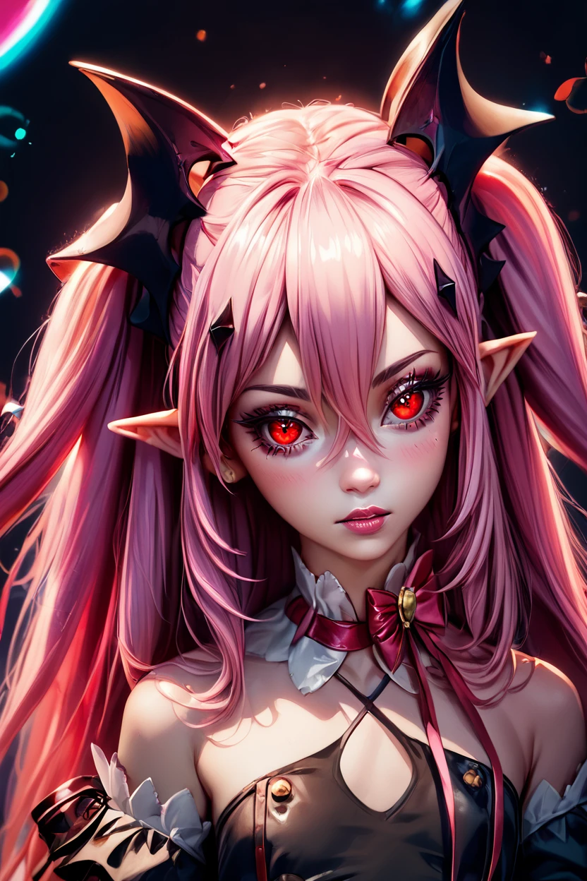 score_9, score_8_up, score_8, medium breasts, (curvy), cute, eyelashes,       BREAK, ,  ,,, <lora:Krul_Tepes_PDXL:1>, zzKrul, pink hair, long hair, pointy ears, red eyes, vampire, hair between eyes, very long hair, two side up detached sleeves, bare shoulders, dress, black dress, ribbon, bow, hair ornament, thighhighs, ,,,  , BREAK,  (ultra realistic,32k, masterpiece:1.2),(high detailed skin:1.1),( high quality:1.1), curvy, head tilt, hearts, blush, lips, closed mouth, curvy, head tilt, shiny clothes, (upper body), looking at viewer, bokeh, luminescent background, ,,, embedding:zPDXL, Expressiveh, ,,, <lora:RlAnmPDXL:1.0>,