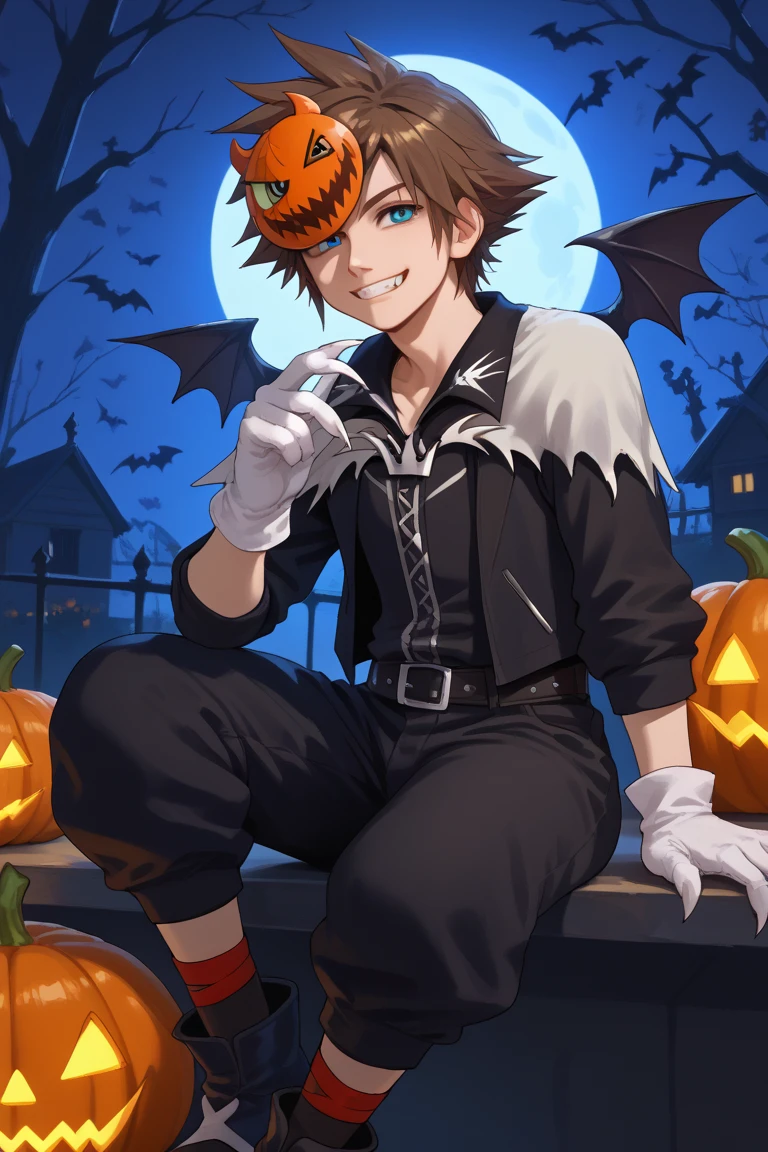 score_9, score_8_up, score_7_up, score_6_up, score_5_up,score_4_up , 
sora_hallo, brown hair, blue eyes, mask on head, 1boy, male focus, spiked hair, solo, bat (animal), halloween, smile, wings, fingernails, looking at viewer, tree, sitting, moon, mask, jewelry, halloween costume, pants, black boots, night, teeth, bat wings, sharp fingernails,, fangs, grin, socks, black pants, black jacket, black footwear, long_sleeves, white gloves