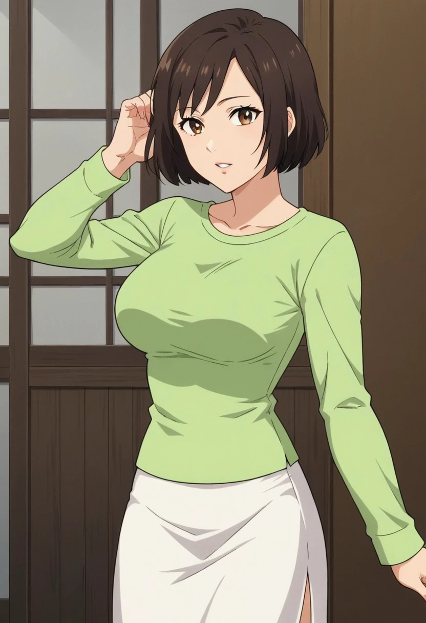 score_9, score_8_up, score_7_up, source_anime, anime screencap, ogawara, 1girl, solo, short hair, brown hair, bob cut, brown eyes, black hair, brown hair, shirt, long sleeves, skirt, pants, green long sleeves, green shirt, black pants, white skirt, large breasts, sexy pose,