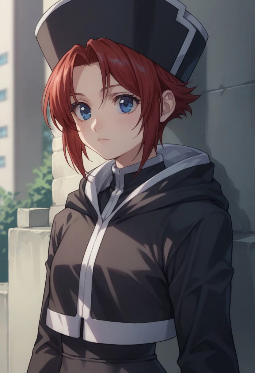 score_9, score_8_up, score_7_up, source_anime, highly detailed, 
esther, 1girl solo, red hair, short hair, blue eyes, hat, black headwear, jacket, black jacket, cropped jacket, long sleeves, hood, shirt, black shirt, 
outdoor,