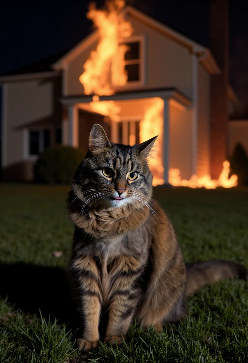 <lora:Allie_-_My_Cat_FLUX:1.0>
photograph of a fluffy, medium-sized cat named Allie with a mottled coat featuring dark brown and black tabby stripes sitting outside of a burning house at night, looking happy.