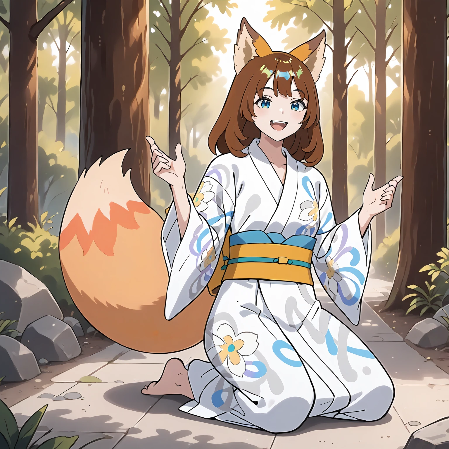 <lora:DG_Dongitsune5XLpony001>,
outdoors,nature,
smile,open mouth,
solo,
Dongitsune5,1girl,brown hair,fox ears,medium hair,blue eyes,
yukata,obi,
fox tail,
kneeling,