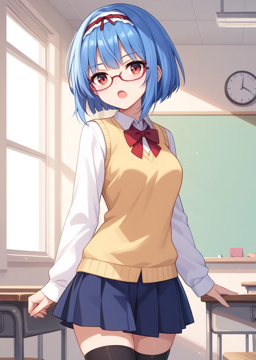 score_9, score_8_up, score_7_up, score_6_up, score_5_up, BREAK
s4ra, human, female, 1girl, solo, short hair, open mouth, red eyes, blue hair, hairband, glasses, , classroom, school uniform, sweater vest, long sleeves, black thighhighs, standing, upper body