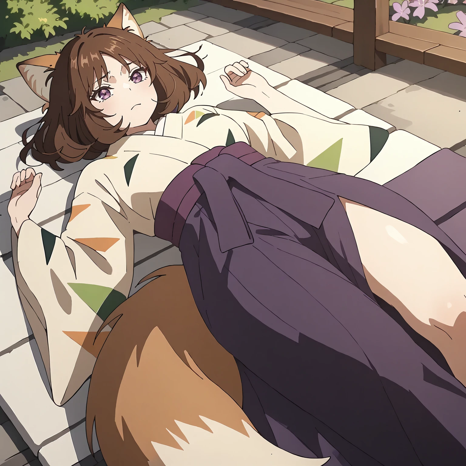 <lora:DG_Dongitsune2XLpony001>,
outdoors,
solo,
Dongitsune2,1girl,brown hair,medium hair,fox_ears,purple eyes,
japanese clothes,
purple hakama,
fox tail,
on back,lying,